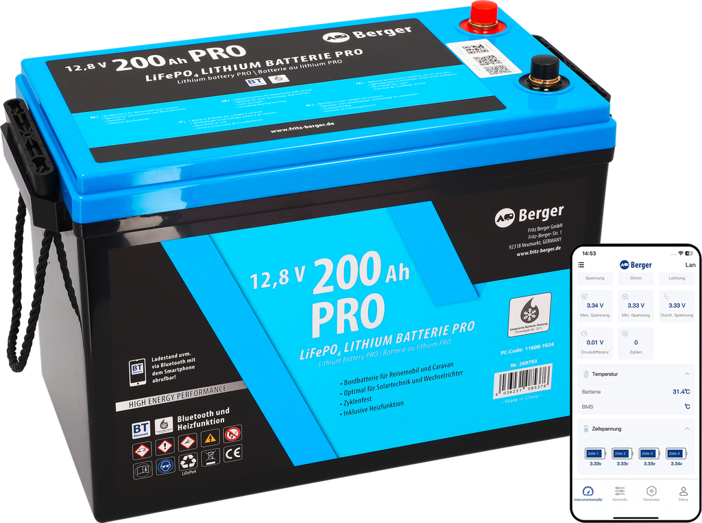 LiFePO4 акумулатор Berger 200 Ah 12 V с Bluetooth и подгрев