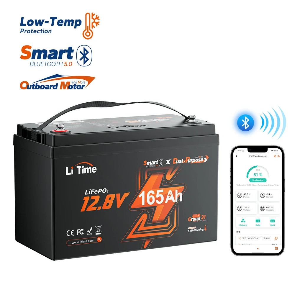 LiTime 12V 165Ah Dual Purpose Marine LiFePO4 акумулатор с Bluetooth и подгряване